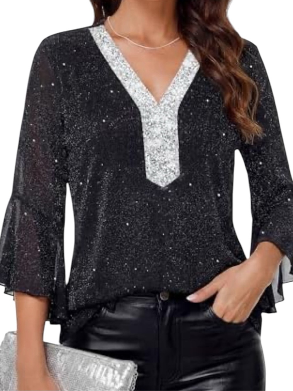 TIMESON: NWT Black Ruffle 3/4 sleeve sparkle Top with Sequin Details Size Medium